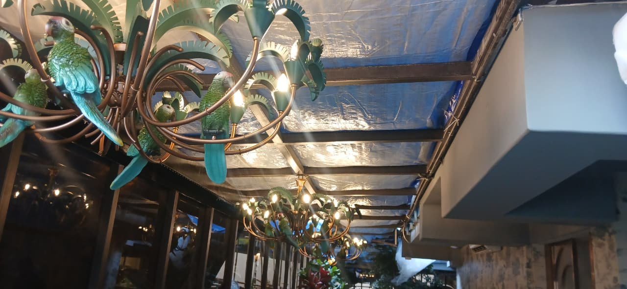 Exotic parrot-themed designer chandeliers installed in a luxury hospitality and outdoor entertainment space.